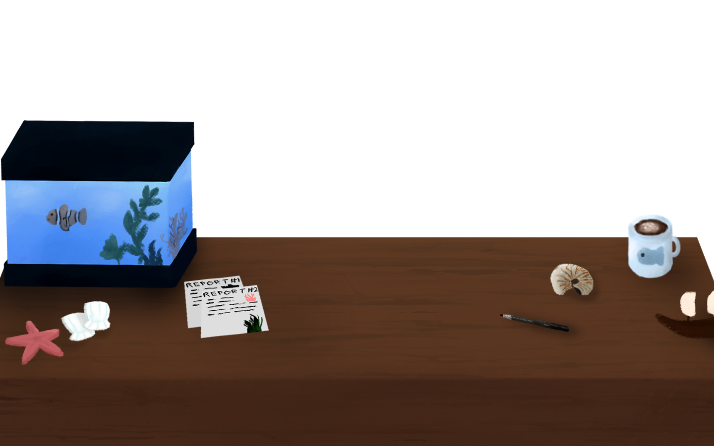 A research desk with an aquarium, specimen reports, a starfish, seashells, a nautilus shell, a pen and a coffee mug